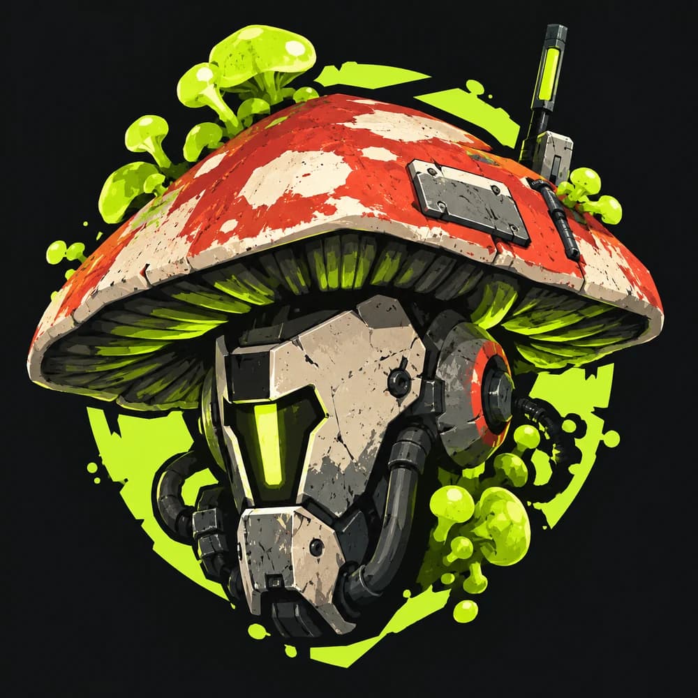 A rust-red mushroom cap fused with a gunmetal robot helmet, drawn in a cel-shaded style